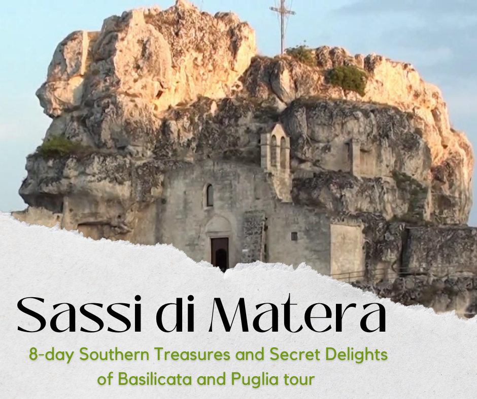 A historic rock-hewn church in Sassi di Matera, promoting an 8-day tour of Basilicata and Puglia's hidden treasures.