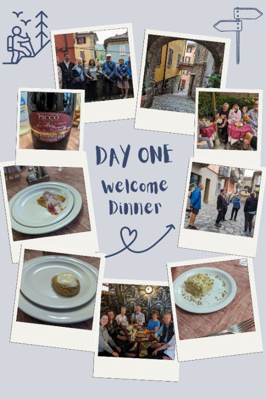 Travelers in a cobblestone village, dining scene, wine bottle, plated desserts.