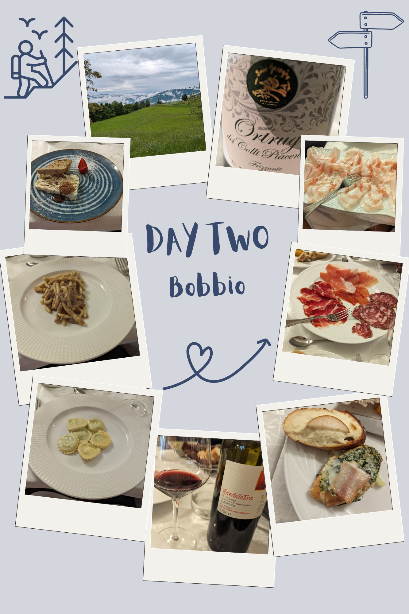 Green hillside, wine bottle, charcuterie, seafood, pasta dishes, plated dessert.