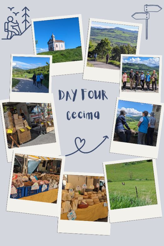 Hilltop chapel, scenic trails, group hike, market stalls with cheese and bread, countryside view.