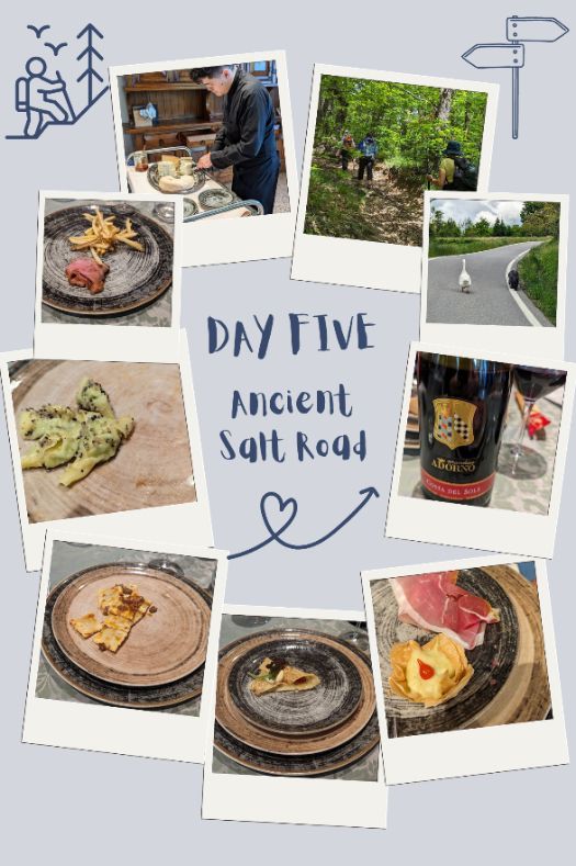 Cheese preparation, forest hike, white goose on road, wine bottle, plated pasta, steak with fries, cured meat appetizer.