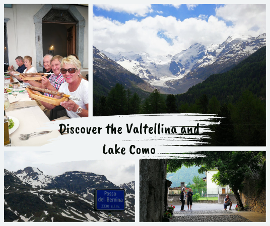 Guests sharing a local meal, snowy alpine peaks, and a stroll through a quiet Valtellina village near Lake Como.
