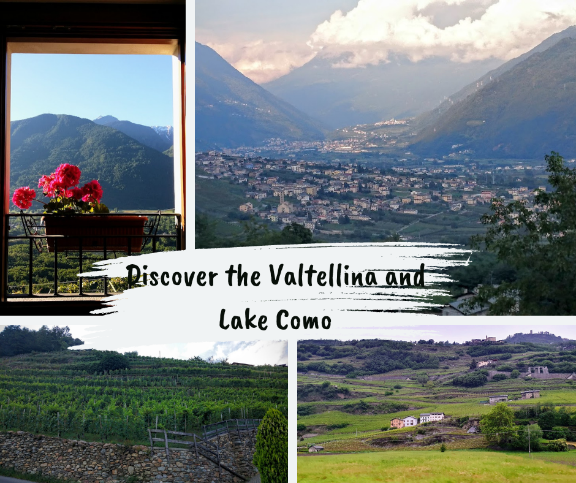 Views of Valtellina and Lake Como with terraced vineyards, a mountain valley town, and a flowered balcony scene.