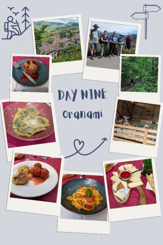 Hilltop village, hikers, barn animals, pasta, ravioli, meatballs, dessert, cheese platter.