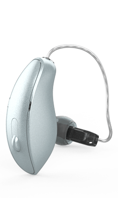 Silver behind-the-ear hearing aid with a thin wire and earbud.