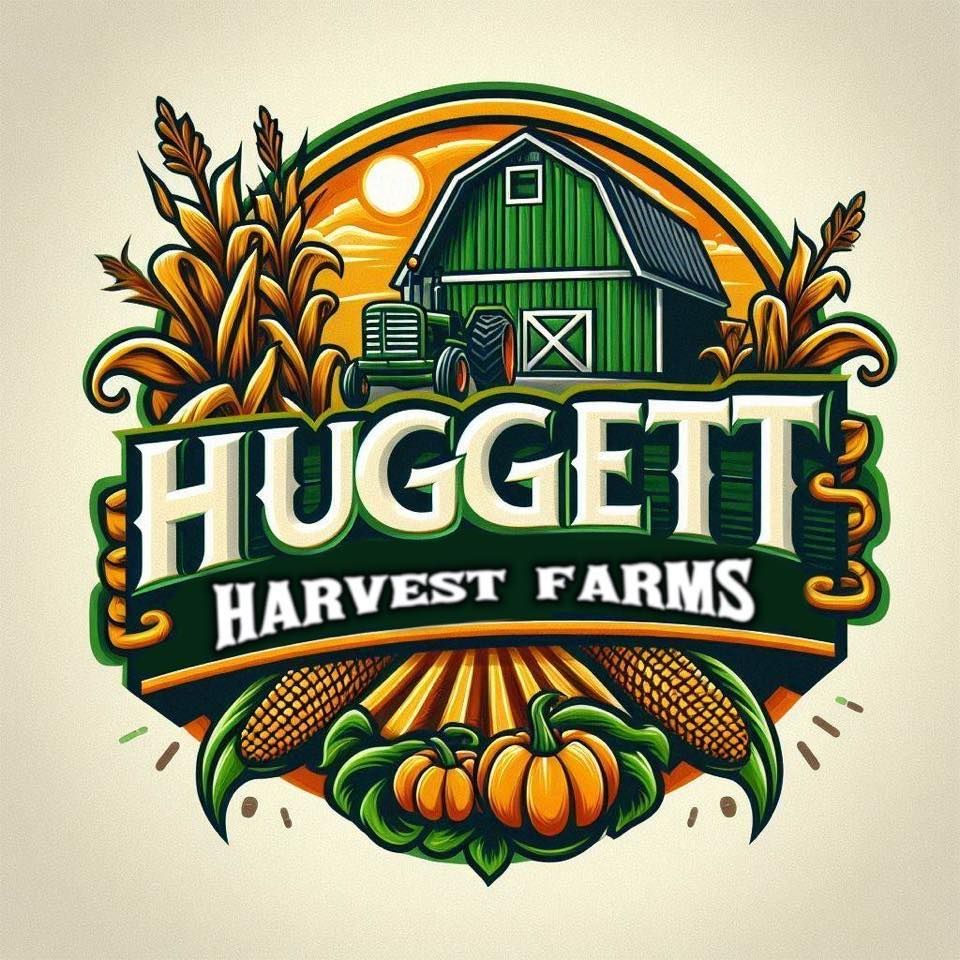 Huggett Harvest Farms logo with green barn, corn, pumpkins, and autumn harvest design