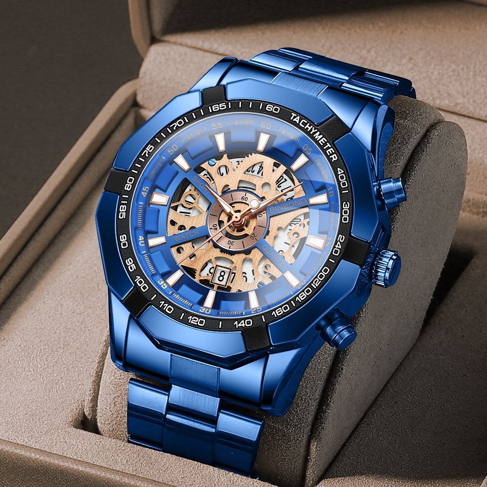 Blue men's wristwatch, showing the inner workings, on a display stand.