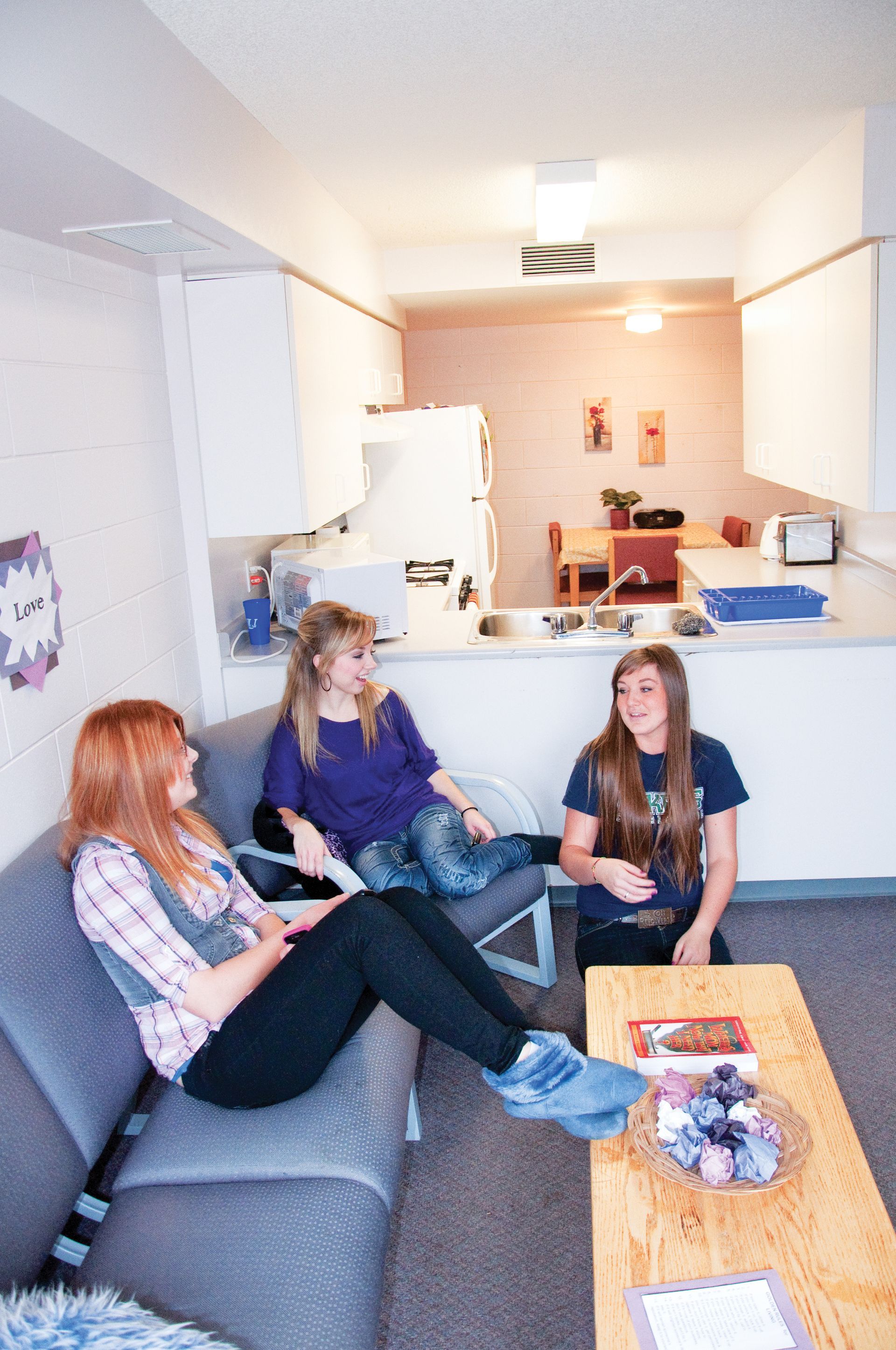 Three young women in a small apartment, two seated, one reclining. Living room, kitchen visible in background.