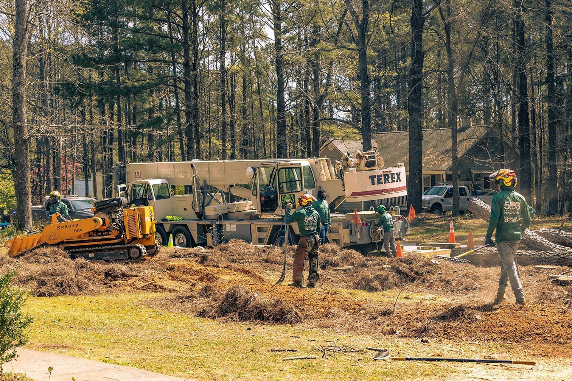 A group of people are working on a construction site in the woods.