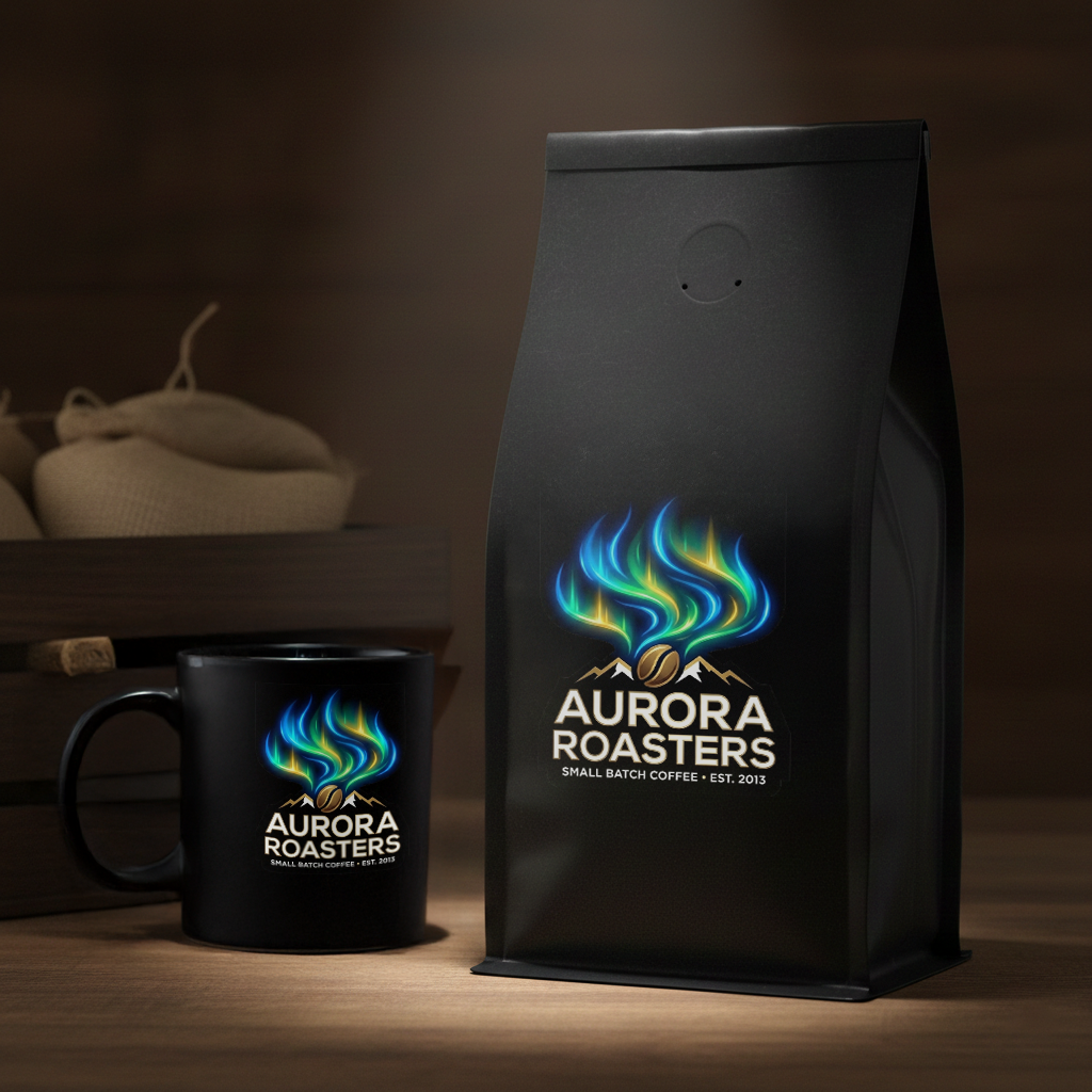 Aurora Roasters coffee mug and bag with colorful logo on a wooden table