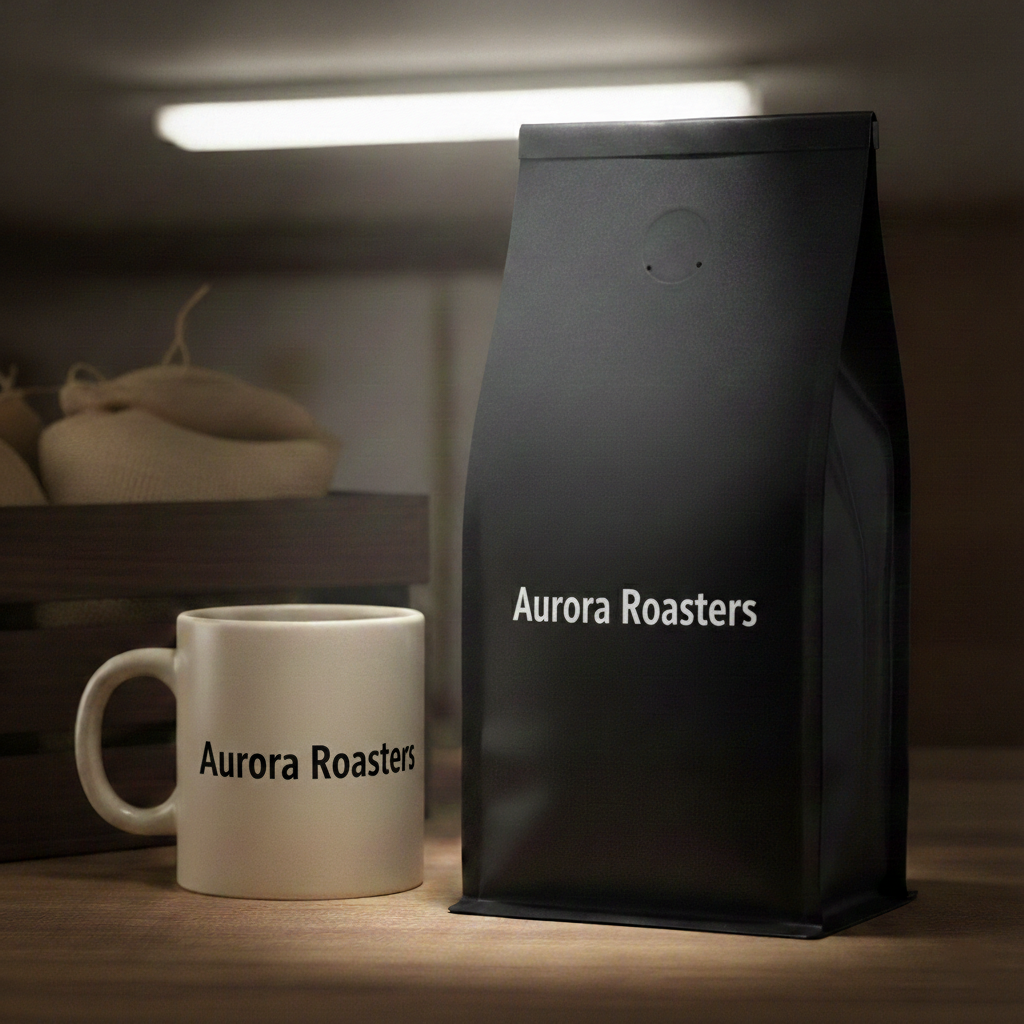 Black Aurora Roasters coffee bag beside matching mug on a shelf under warm light