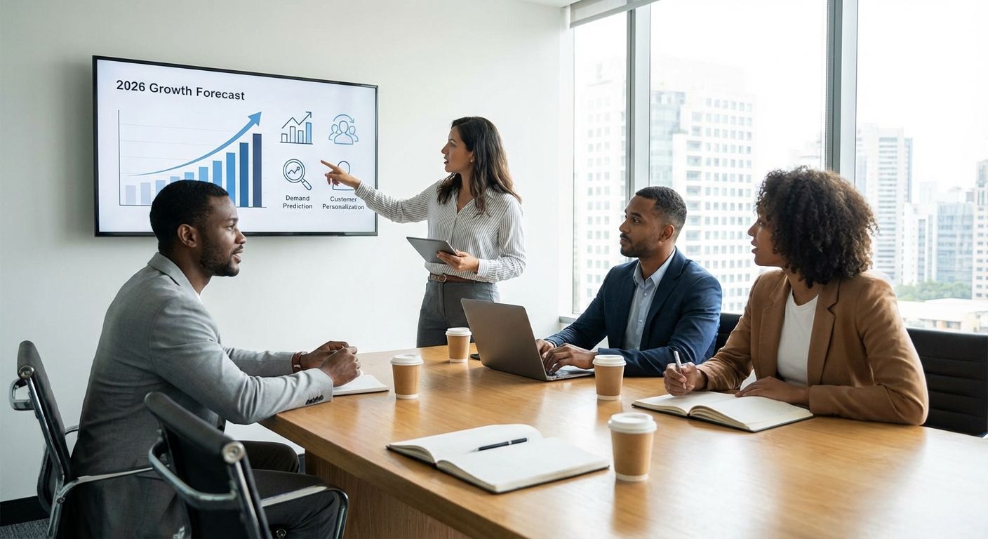 Woman presenting data on a screen to colleagues in a modern office meeting.