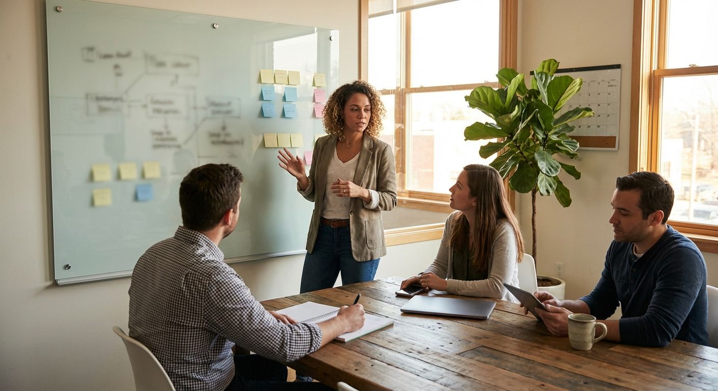 Woman presenting to colleagues at a whiteboard with sticky notes in a sunlit office.