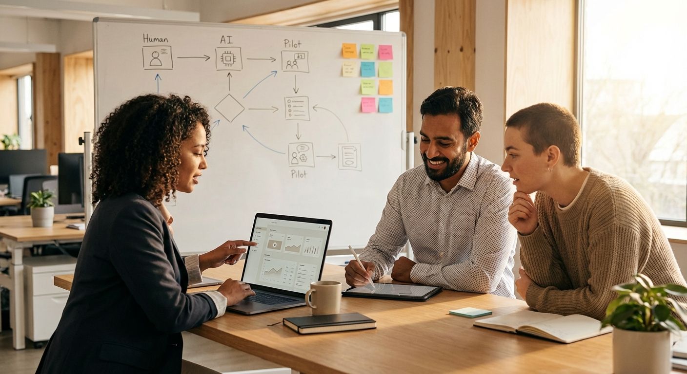 Three people collaborating at a table in an office, looking at a laptop and whiteboard with diagrams.