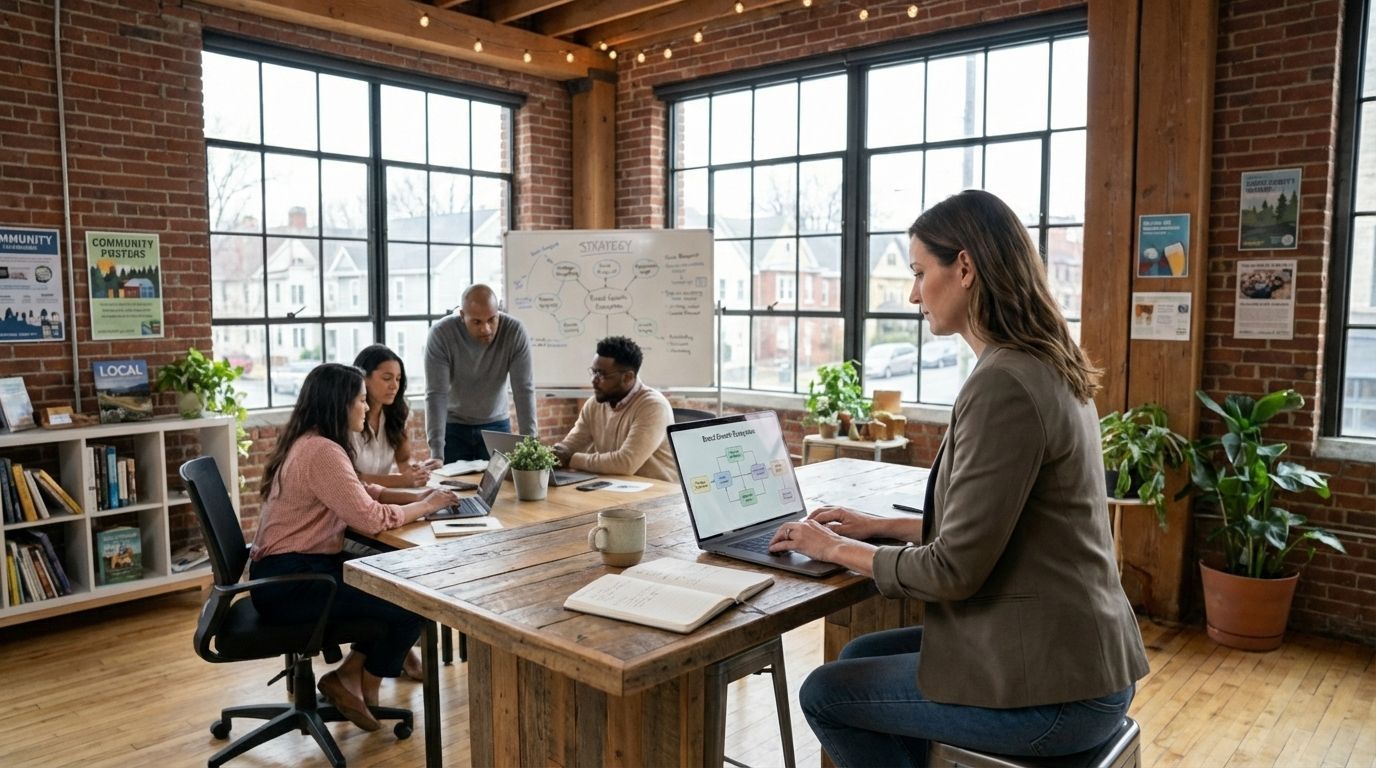 People in modern office collaborating at a table, one woman uses a laptop near a large window, whiteboard in background.