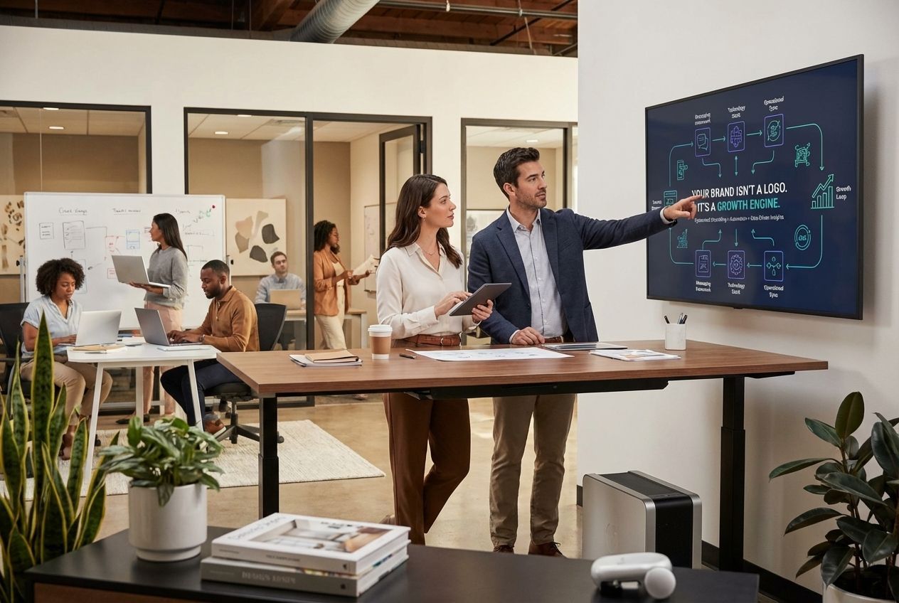 Two people discussing a diagram on a screen in a modern office. Others work in the background.