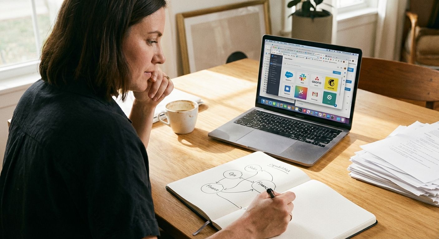 Woman sketching in a notebook, looking at a laptop with a design program on a wooden table.