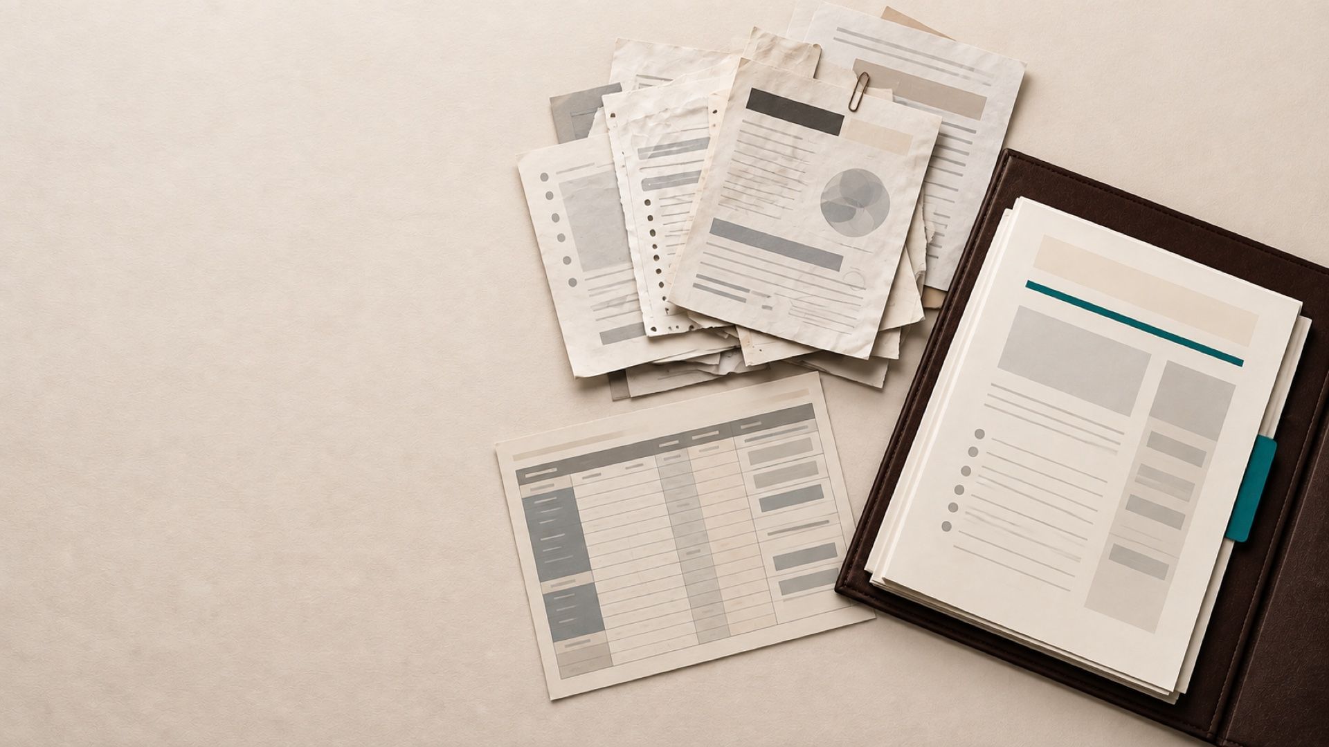 Overhead view of conflicting proposal drafts and pricing notes resolving into one organized AI-ready