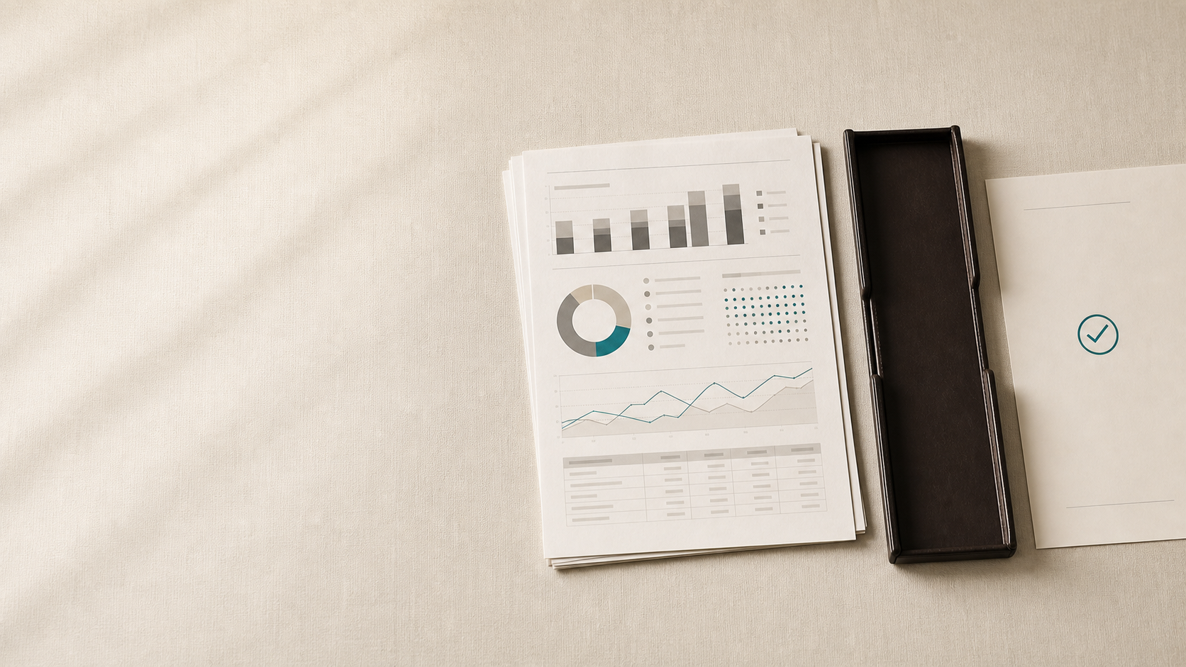 Printed accounting analysis beside an empty document tray, illustrating faster analysis stalled befo
