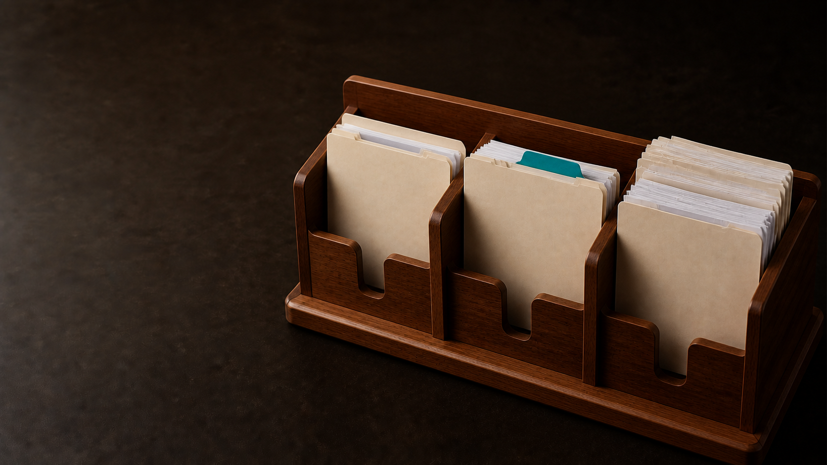 Wide upright file folders show a profitable middle-market opportunity beside an overstuffed enterpri