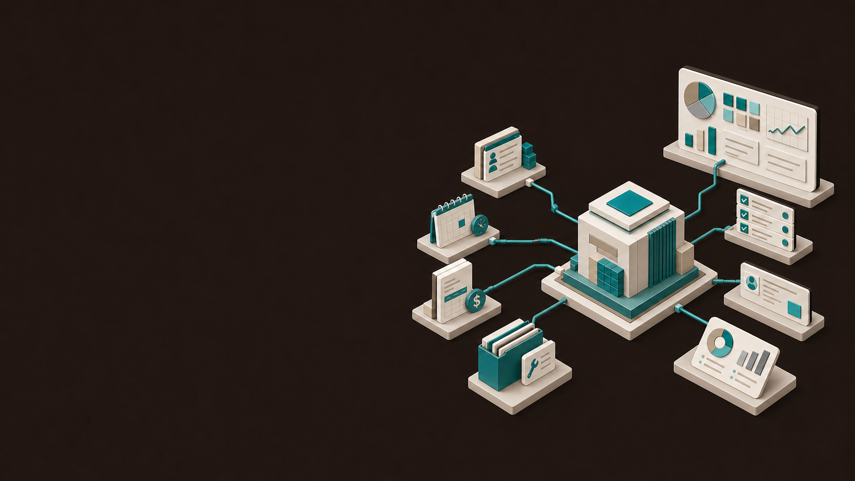 3D isometric network of connected computer screens and dashboards on a dark background