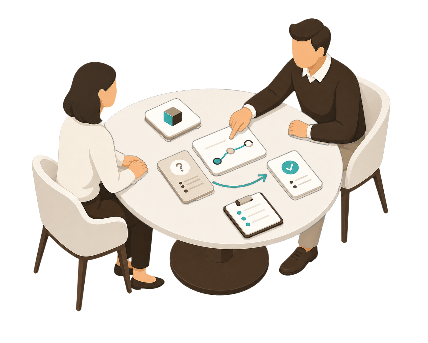 Two people discussing data over charts and a smartphone at a round table.