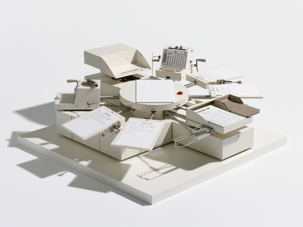 Beige 3D workflow icons—documents, clock, calendar, and keyboard—linked by dotted paths with red alert markers