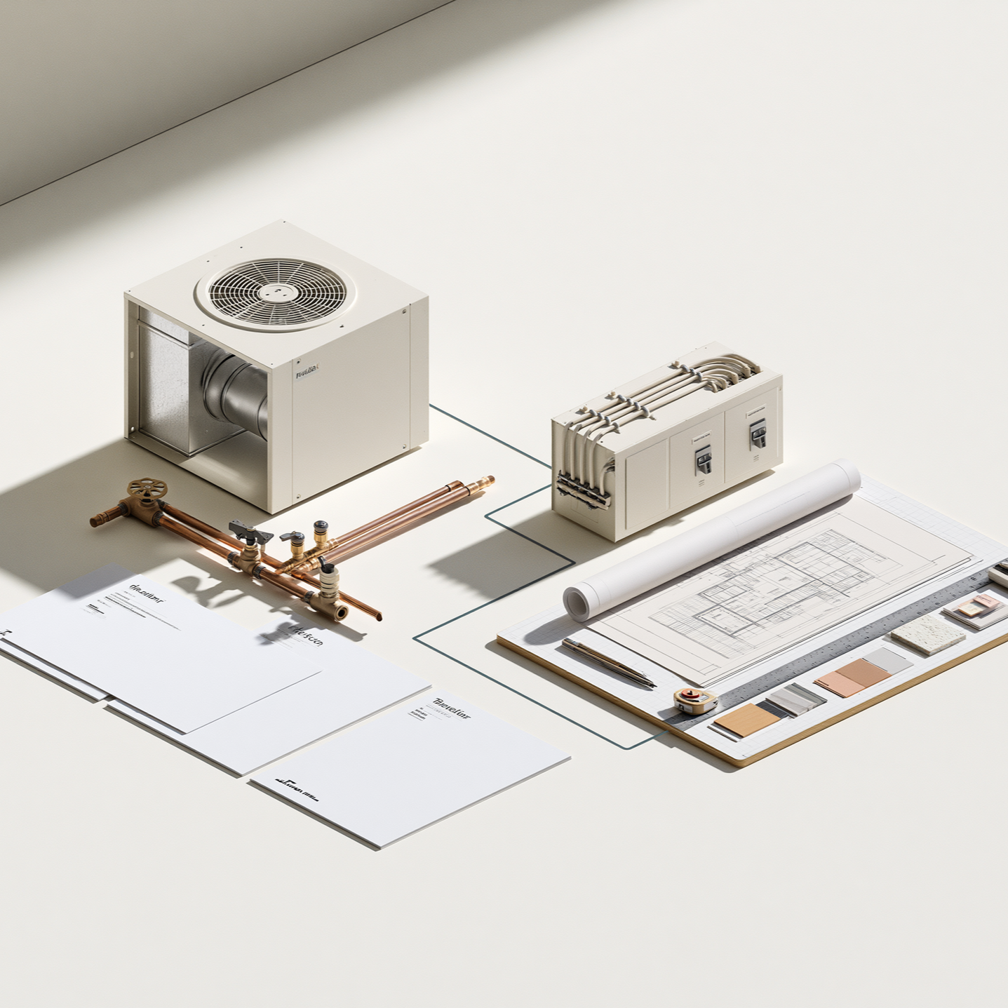 Technician using a tablet to manage HVAC service workflow, with checklist panels and equipment icons on a white background