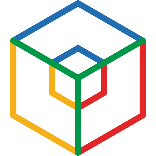 Multicolor geometric cube logo with blue, green, red, and yellow outline lines on white background