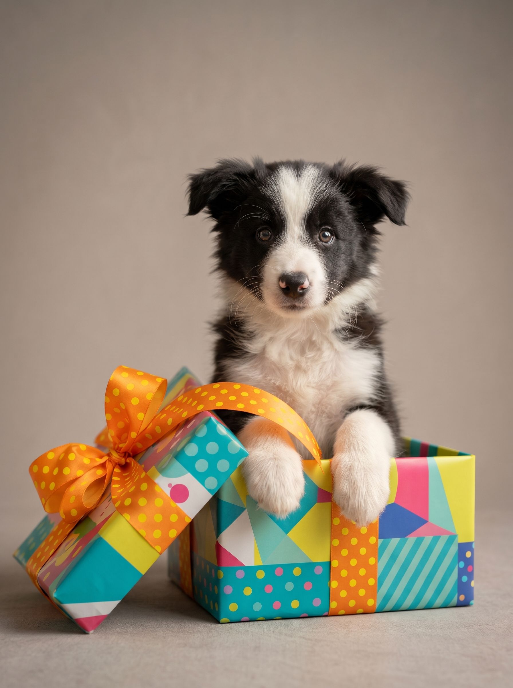 Kleine zwart-witte puppy in een kleurrijke cadeauverpakking met een strikje