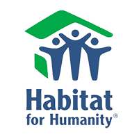 The habitat for humanity logo is blue and green with people holding hands under a house roof.