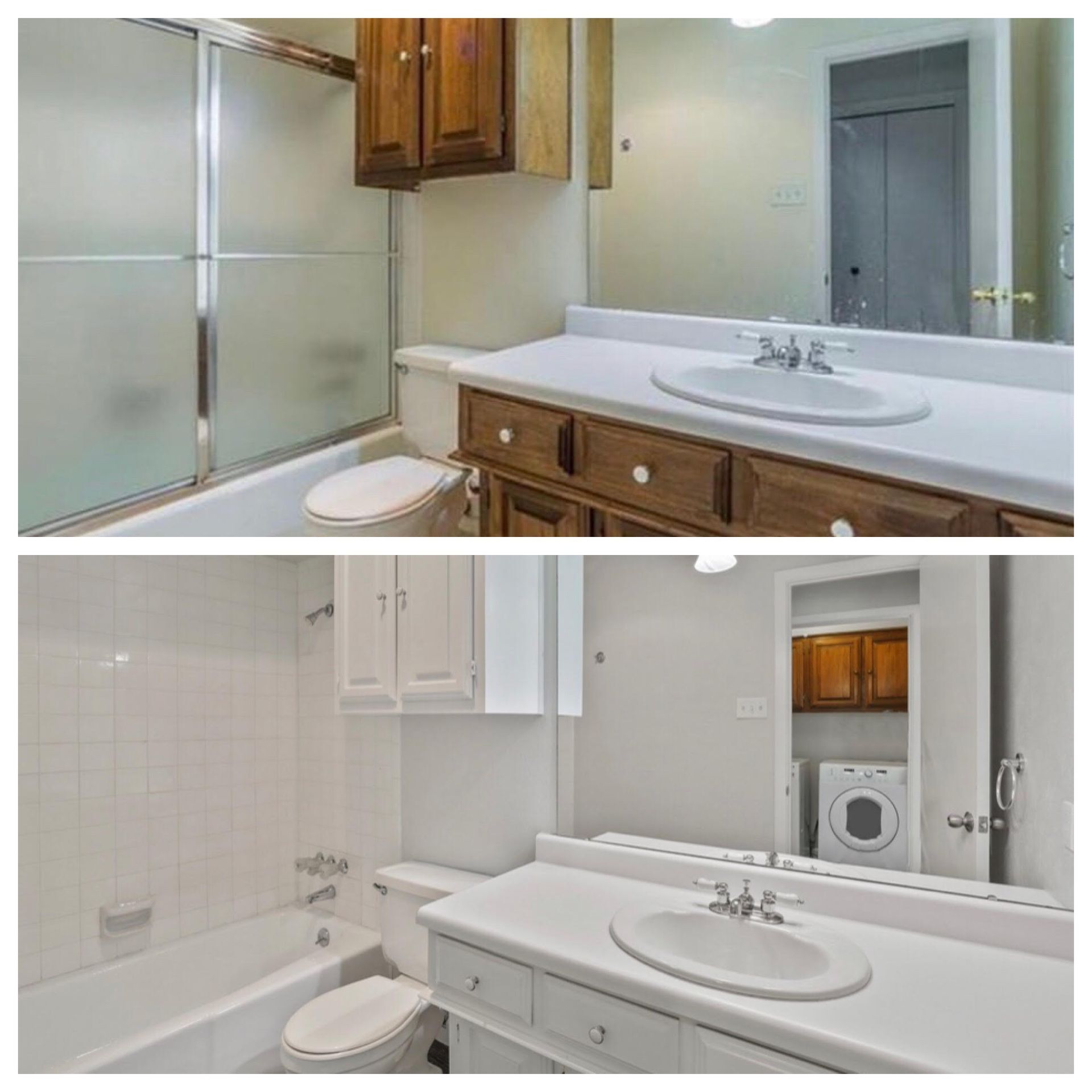 A before and after photo of a bathroom with a sink , toilet and bathtub.