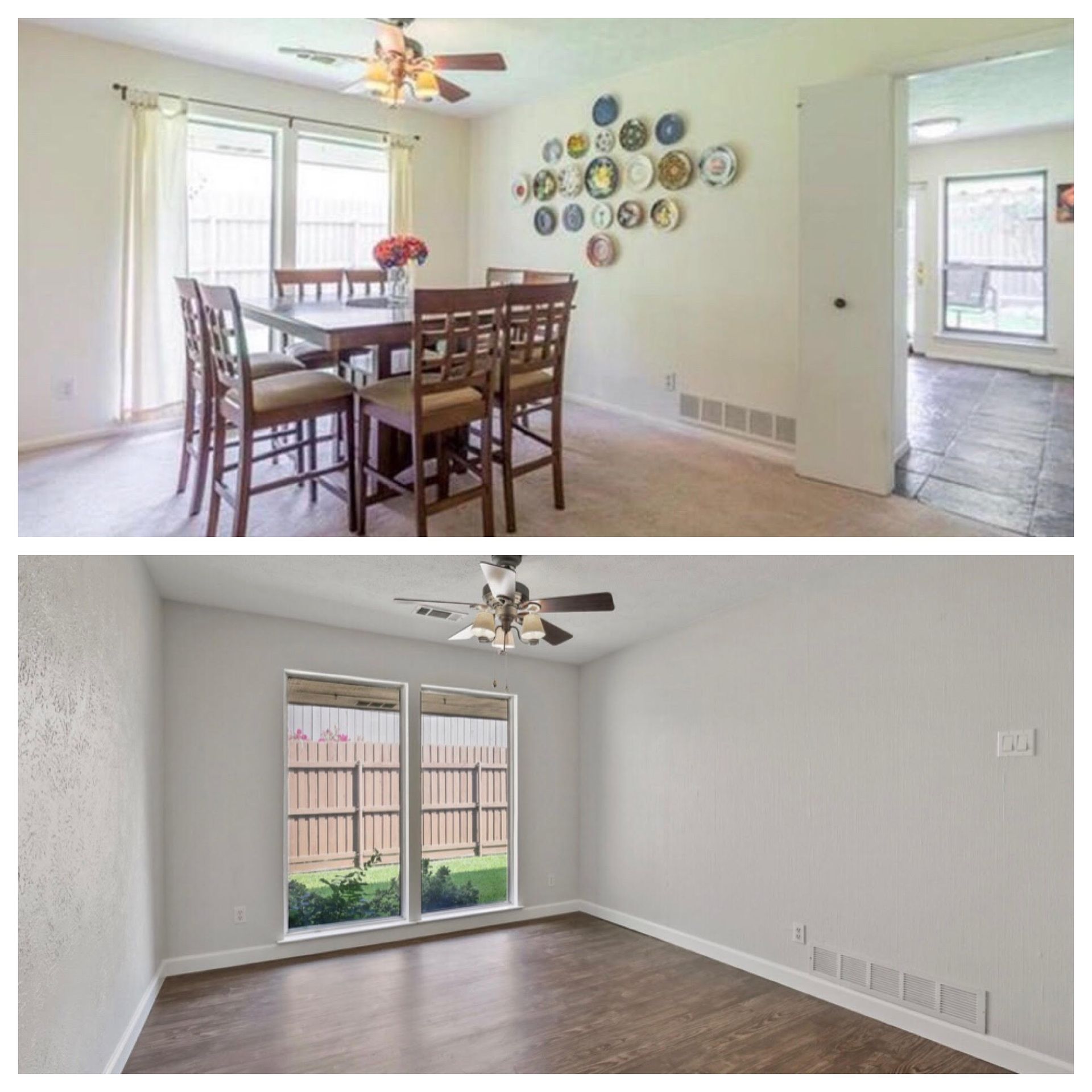 A before and after photo of a dining room and a living room