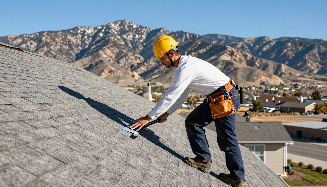 Close-up of damaged asphalt shingles on a residential roof.