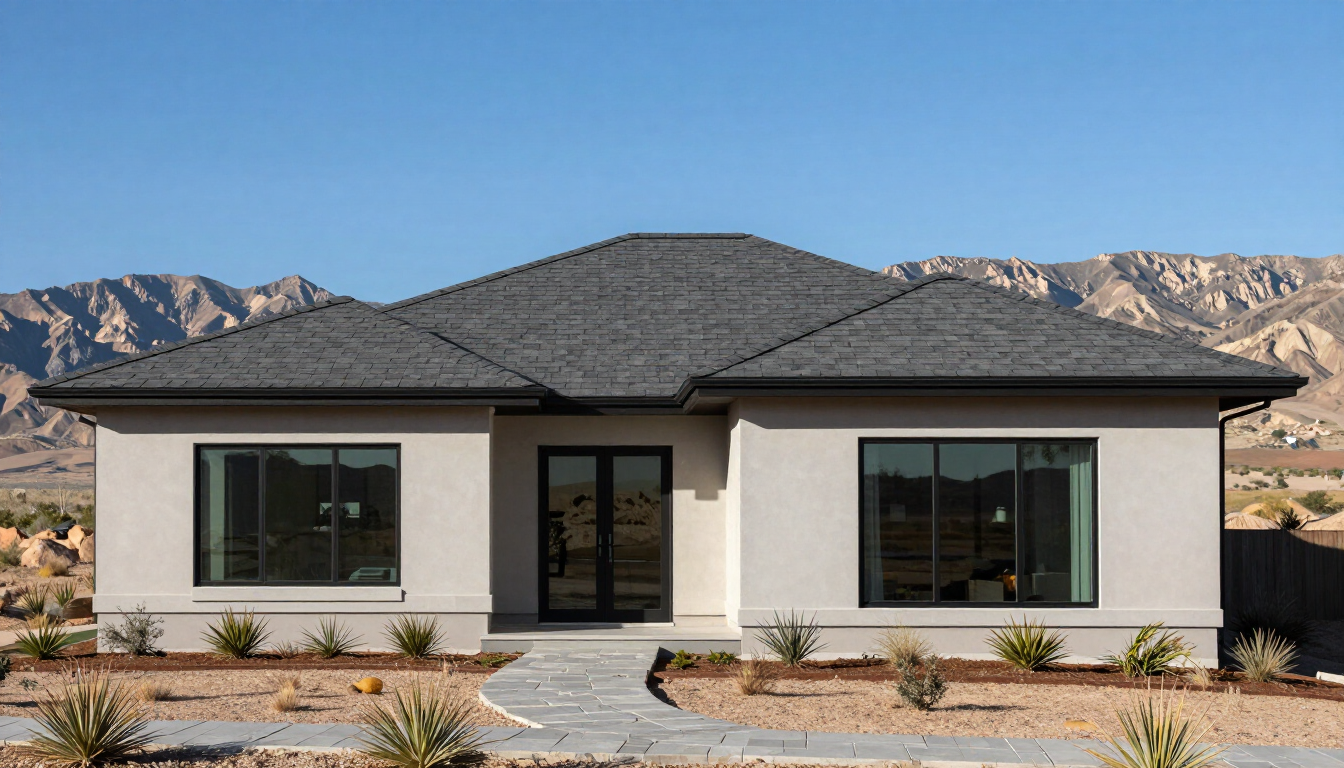 Brand new dark shingle roof on a modern home with a mountain background.