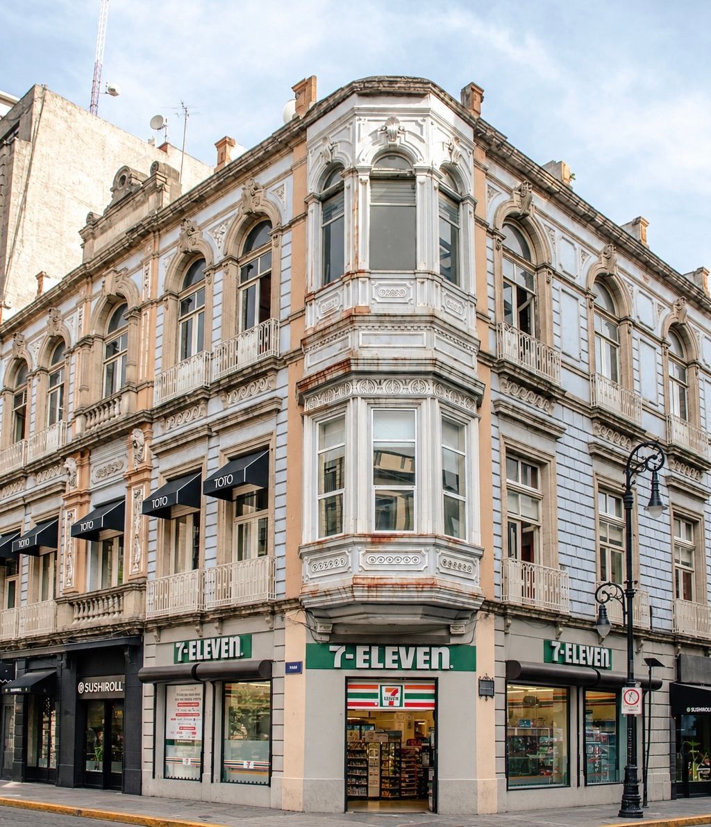 Fachada en esquina de un 7-Eleven en un histórico edificio de color crema, con ventanas y balcones ornamentados