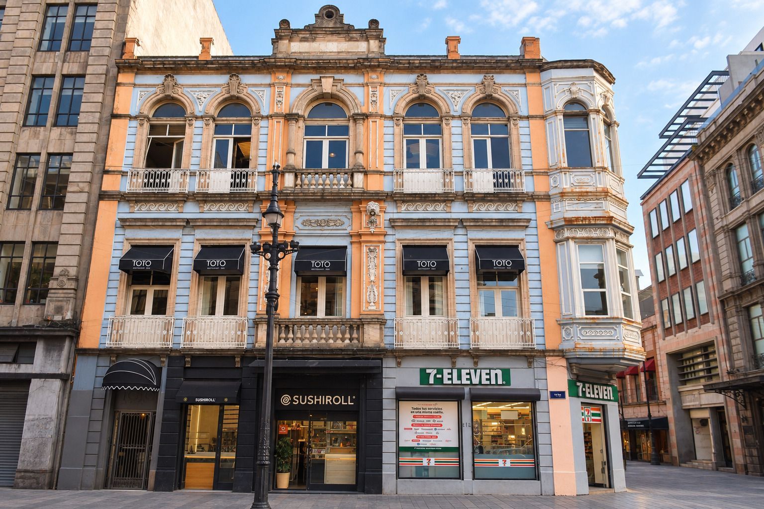 Edificio histórico de ladrillo con ventanas ornamentadas y tiendas a pie de calle, entre ellas un local de 7-Eleven.