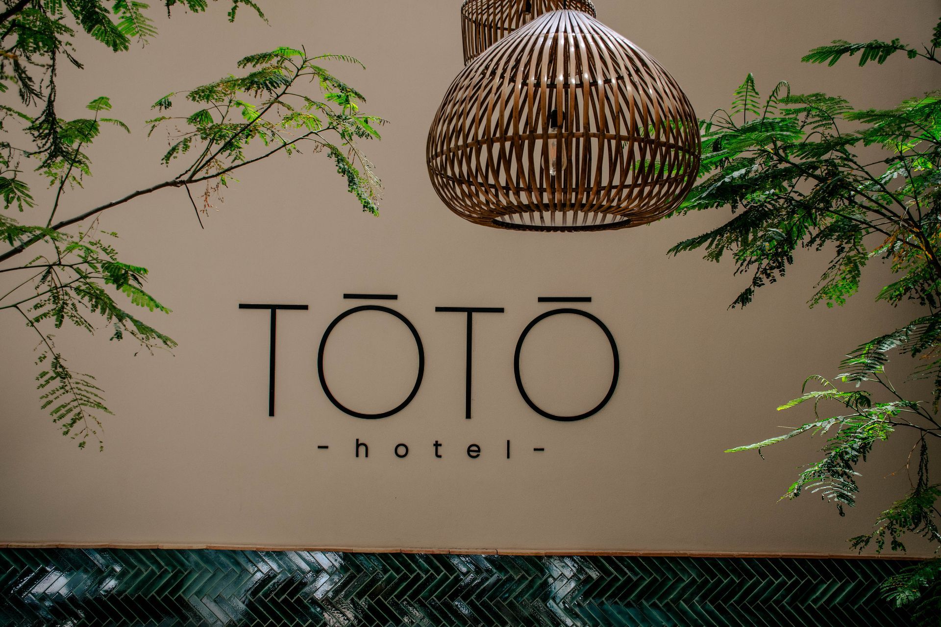 Letrero de TOTO Hotel en una pared beige, con una lámpara tejida colgante y hojas verdes enmarcando la escena