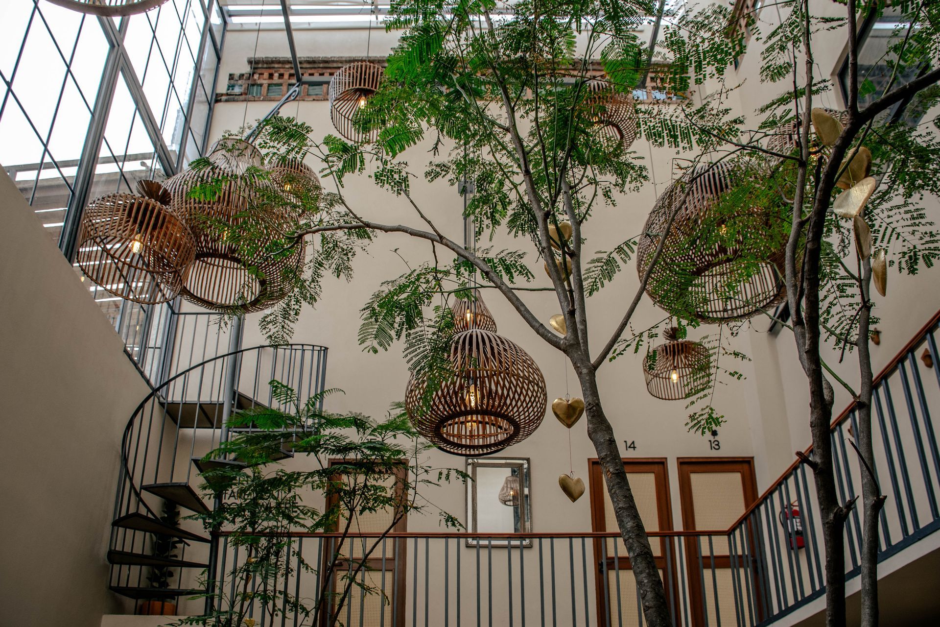 Atrio interior con un árbol alto, sillas colgantes de mimbre y un techo de cristal bañado por una suave luz natural
