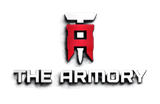 Logo for &ldquo;The Armory&rdquo; with a red stylized emblem above metallic gray text