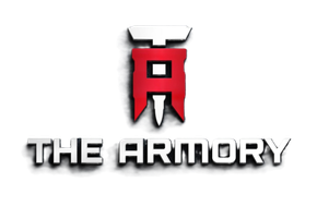 Logo for &ldquo;The Armory&rdquo; with a red stylized emblem above metallic gray text