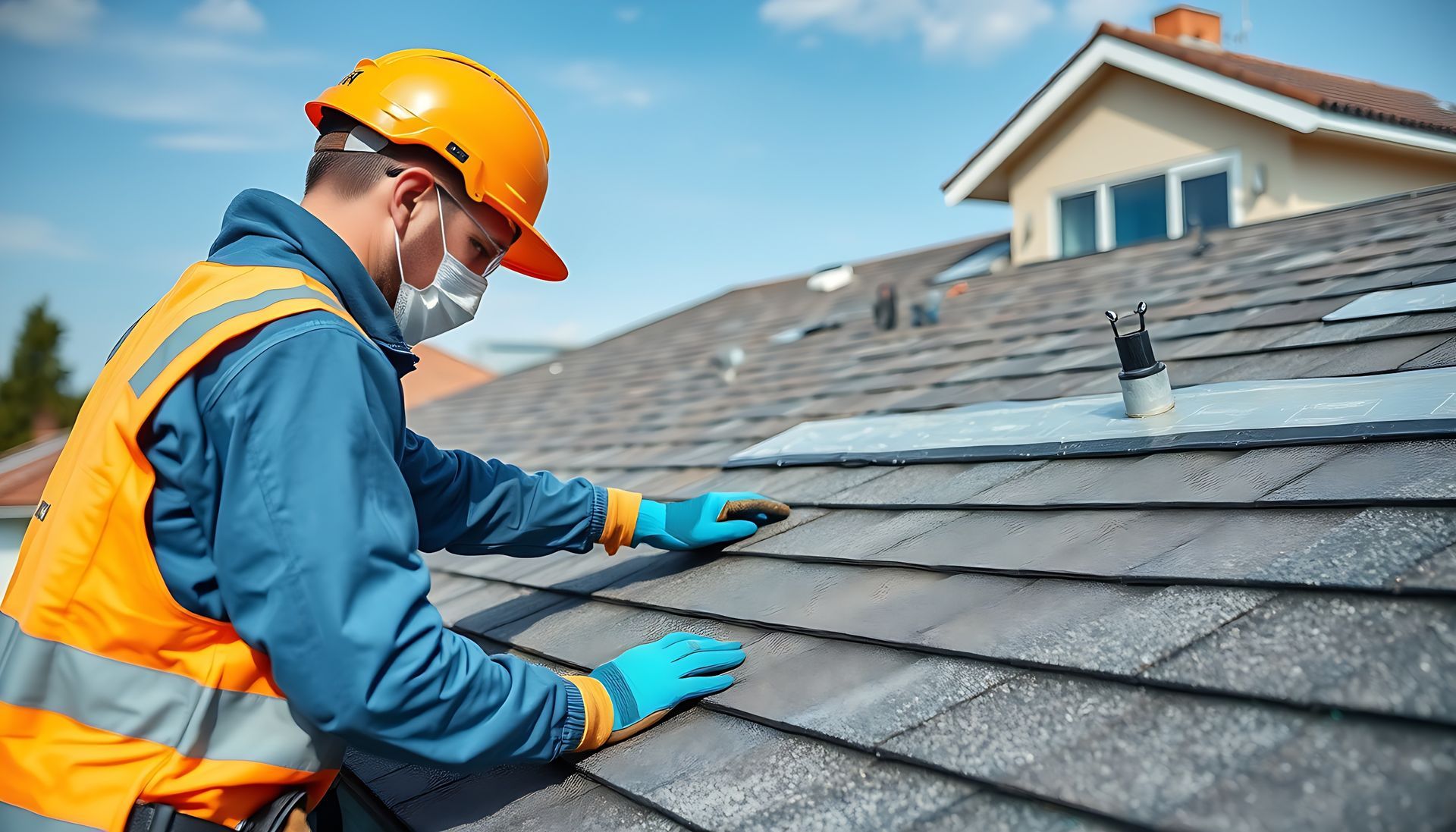 Construction worker installing tile roof with drill wearing safety helmet and reflective jacket.