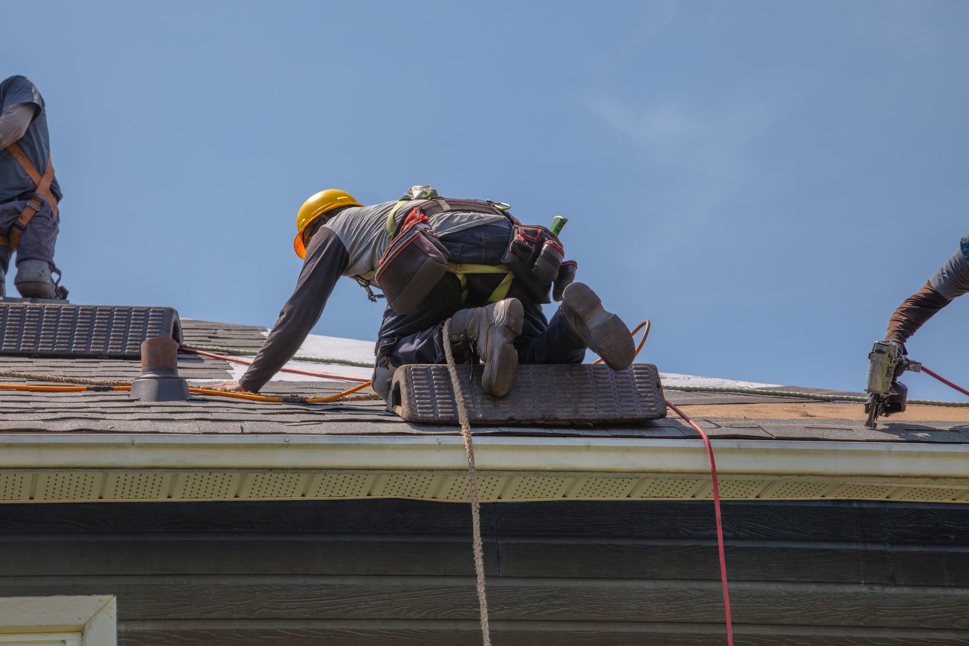 Experienced roofers using safety gear while installing new asphalt shingles on a home roof.
