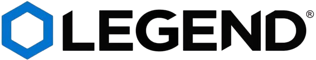 Blue hexagon icon and bold black “LEGEND” wordmark logo on a white background