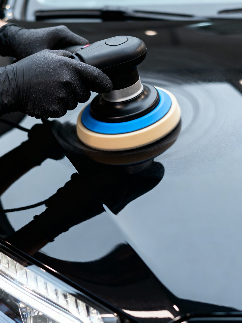 Gloved hands polishing a black car hood with a buffer, reflecting light.