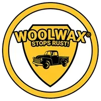 Woolwax Stops Rust logo in yellow and black with a classic car inside a shield emblem