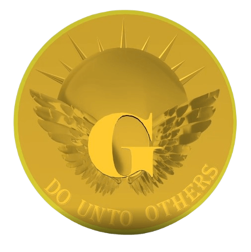 Gold coin with stylized sun, wings, 
