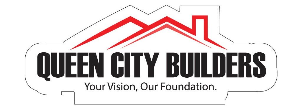 Logo for Queen City Builders with red roofline graphic and tagline &ldquo;Your Vision, Our Foundation.&rdquo;