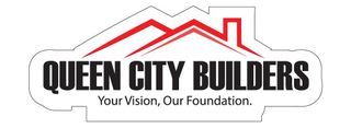 Logo for Queen City Builders with red roofline graphic and tagline “Your Vision, Our Foundation.”