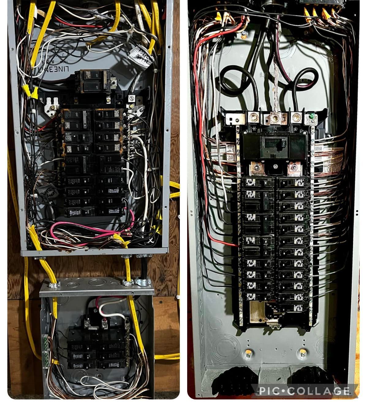 Open electrical panels with tangled wires and circuit breakers in a utility closet.